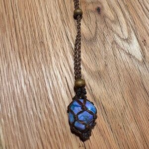 Artisan Blue Stone Necklace with Brown Weave